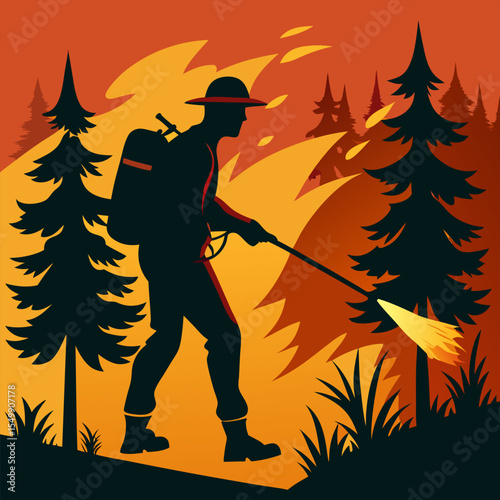 "Silhouette of wildland firefighter spraying water on forest flames, vector"


