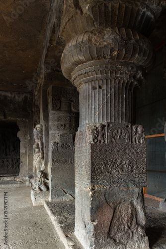 Intricately Carved Pillars Inside Ancient Cave Temple