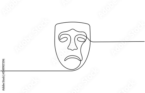 Greek mask one line drawing, opera event symbols continuous hand drawn, mask one line vector isolated design element, theater humor smile mask one line continuous line art, vector illustration.