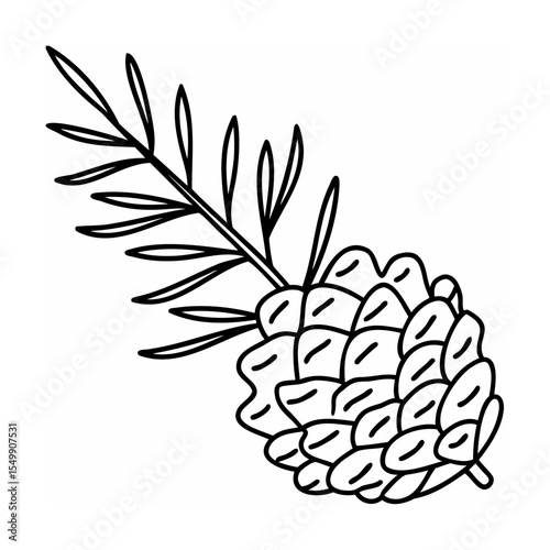 Black Line Art Pine Cone with Branch twig needles