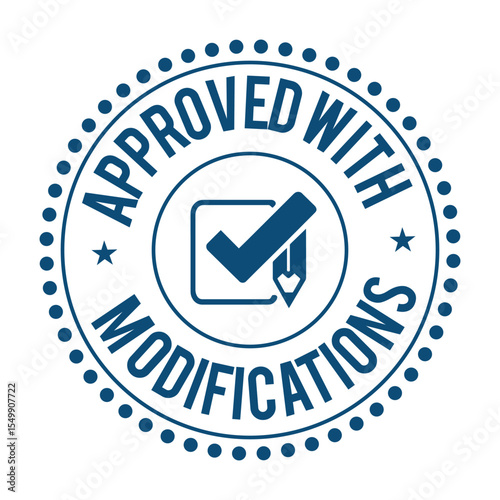 Approved with Modifications Blue Round Rubber Stamp Seal. Conditional Approval Vector
