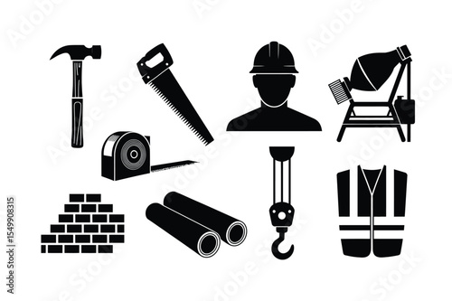 Construction Icons Set Black Hammer Saw Bricks Worker