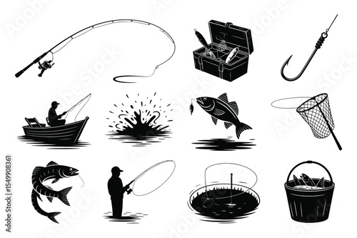 Fishing Icons Set Black Silhouettes Angler Boat Tackle Net Bucket