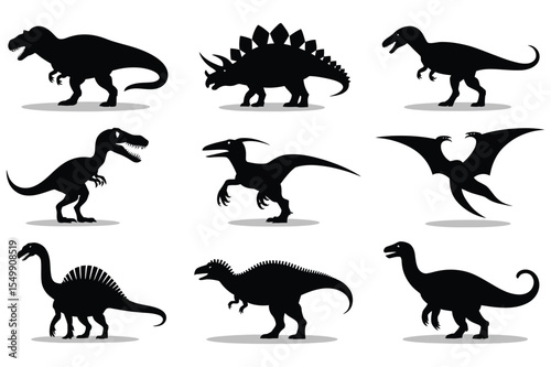 Nine Black Dinosaur Silhouettes White Background vector