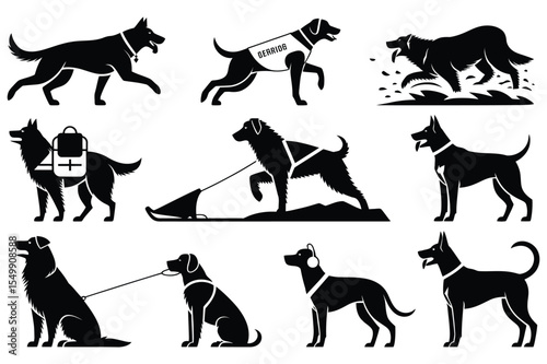 Nine Black Silhouettes of Dogs in Various Activities