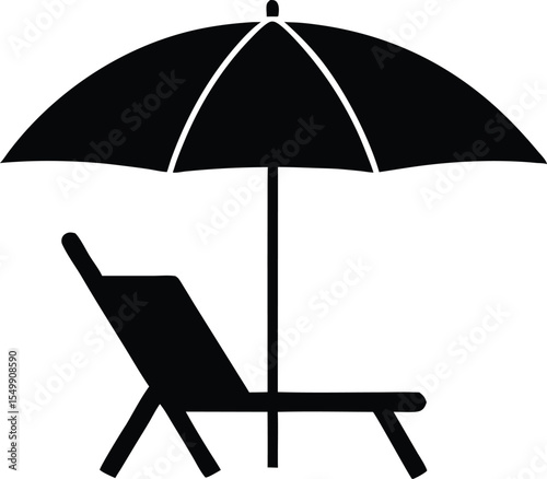 Beach chair with umbrella black silhouette, Vector beach lounge illustration, Summer vacation chair graphic vector