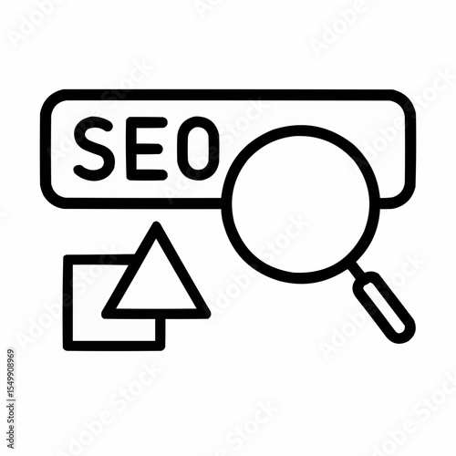 Magnifying glass over a search bar with 'SEO' text. Minimalist line art with equal stroke weight