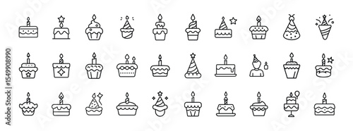 Birthday and Celebration Line Icons – Cakes, Cupcakes, Candles, and Party Hat Set