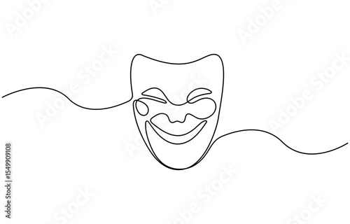Greek mask one line drawing, opera event symbols continuous hand drawn, mask one line vector isolated design element, theater humor smile mask one line continuous line art, vector illustration.