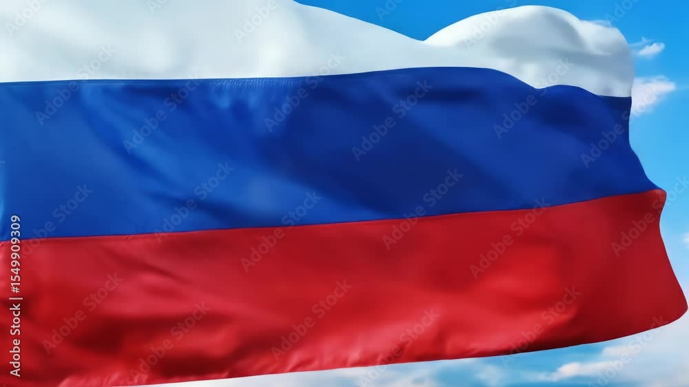 Russian Flag Waving in Wind Against Blue Sky with Clouds, National Symbol of Russia. Realistic Fabric Texture. 4K Video Footage. Russian Flag Waving in Wind Against Blue Sky with Clouds, National Symbol of Russia. Realistic Fabric Texture. 4K Video Footage.