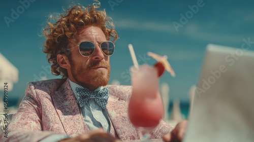 A quirky businessman in formal attire enjoys a tropical drink while working on his laptop at the beach, blending summer relaxation with business travel as he fantasizes about poolside leisure