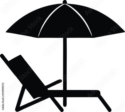 Beach chair with umbrella black silhouette, Vector beach lounge illustration, Summer vacation chair graphic vector