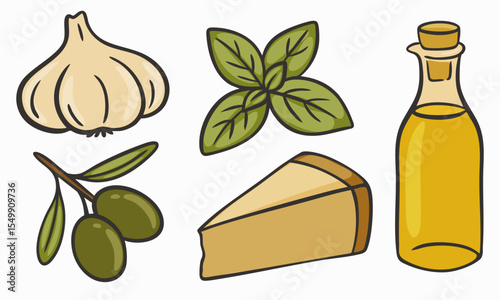Cartoon-style Italian cooking ingredients set including garlic, basil leaves, olives, a piece of cheese, and a bottle of olive oil. Hand-drawn outline style with natural colors
