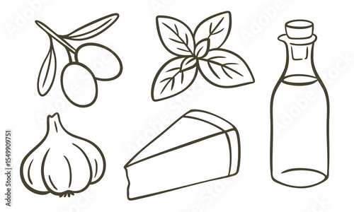Engraving. Set Italian cooking ingredients set including garlic, basil leaves, olives, a piece of cheese, and a bottle of olive oil. Hand-drawn outline.