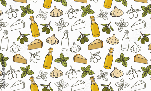 Pattern Italian cooking ingredients set including garlic, basil leaves, olives, a piece of cheese, and a bottle of olive oil. Hand-drawn outline.