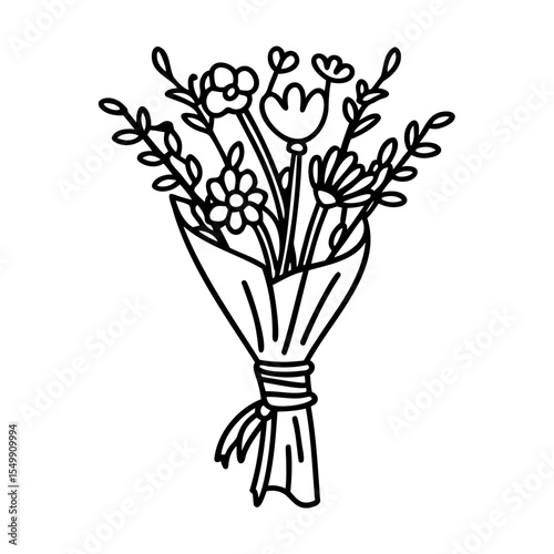 Black Line Art Wildflower Bouquet Wrapped in Paper