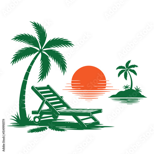 Green Beach Lounger Palm Trees Orange Sunset Vector Illustration
