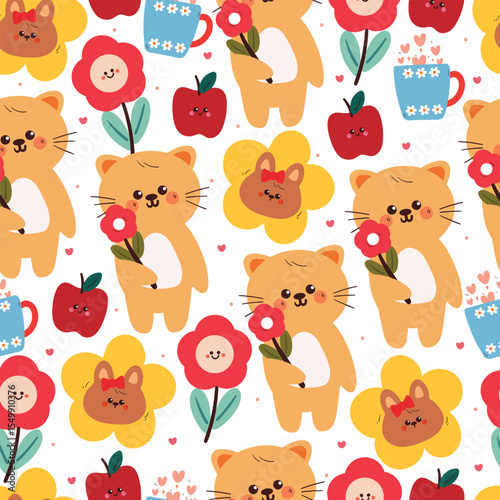 cute hand drawing cartoon cat and bunny with flower and fruit seamless pattern. cute animal pattern in white background for gift warp paper and wallpaper