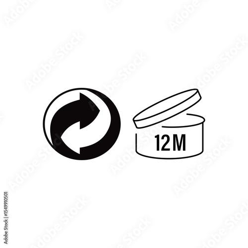 Recycling and Period After Opening Symbols: A minimalist and informative composition featuring essential recycling symbols alongside the "period after opening" marking.
