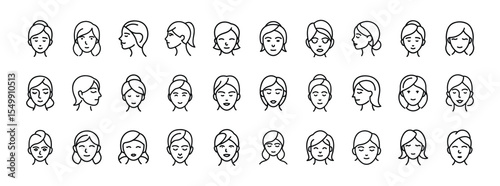 Female Avatar Line Icons – Profile, Face Expressions & Hairstyles UI Icon Set