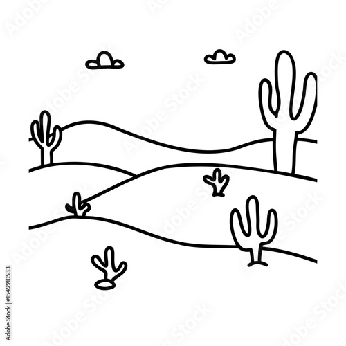 Desert Landscape Line Art Cacti Clouds Hills succulents