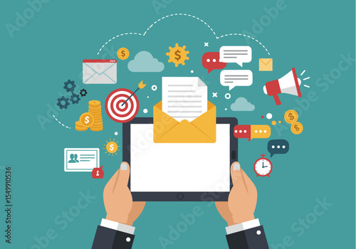 Wallpaper Mural  An illustration depicting digital marketing and communication, featuring a tablet held by hands with an email envelope and document emerging Torontodigital.ca