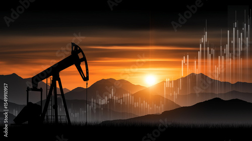 Oil Rig at Sunset: An oil rig stands silhouetted against a vibrant sunset, with rising bars overlayed on a stunning landscape reflecting the energy industry's impact.