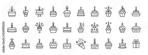 Birthday Cake Line Icons – Celebration and Dessert Symbol Pack for Parties and Events
