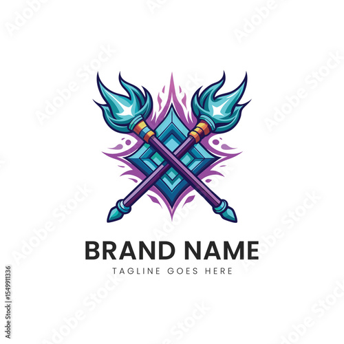 A vibrant, colorful emblem featuring two crossed spears with flame tips over a geometric design, conveying strength and energy in a modern style.