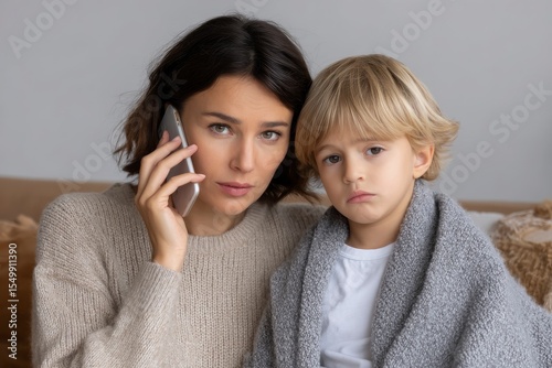 Worried woman speaks on phone arm around a sad blanketed child