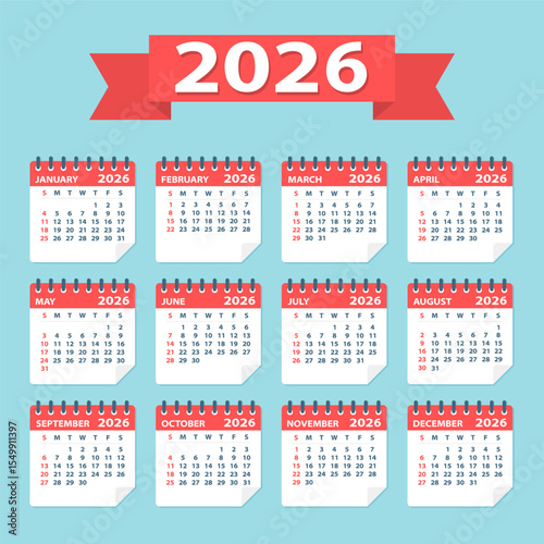 2026 Calendar Leaves Flat Set - Vector Illustration