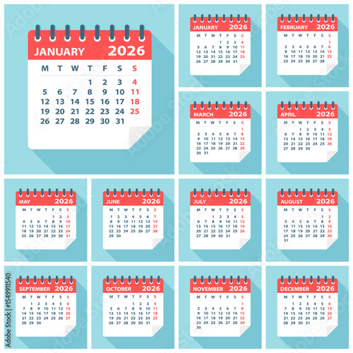 2026 Calendar Leaves Flat Set - Vector Illustration