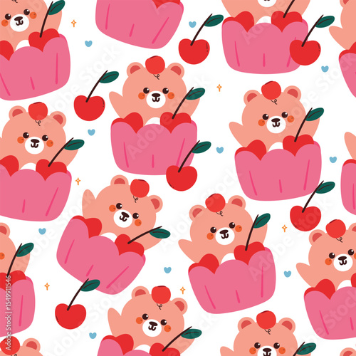 cute hand drawing cartoon bear inside cherry cupcake seamless pattern. cute animal pattern in white background for gift warp paper and wallpaper