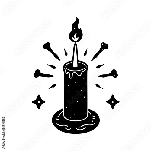 Black Candle with Flame Bones and Stars Illustration
