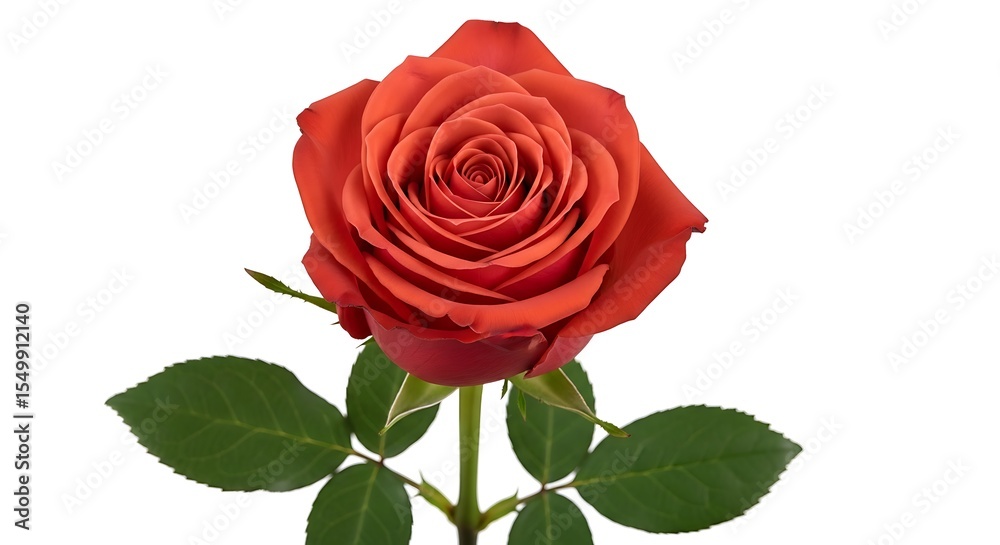 Fototapeta premium Beautiful single rose with red orange petals and green leaves on a white background