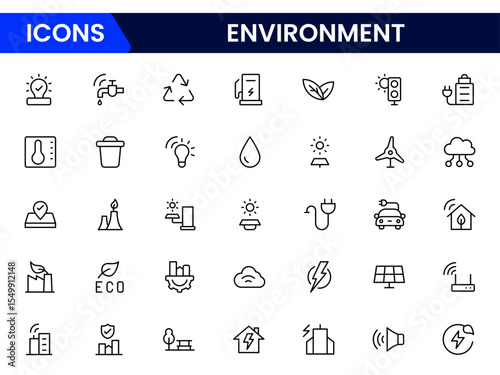 Eco-friendly vector web line icons depicting environment, sustainability, recycling, green energy, and nature conservation for a healthier planet.