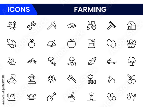 Productive vector web line icons depicting farming, agriculture, crops, livestock, tractors, and sustainable practices for modern farm operations.