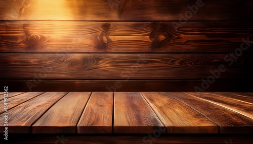 rustic wooden tabletop with warmly lit wooden background ideal for product placement and displaying various items