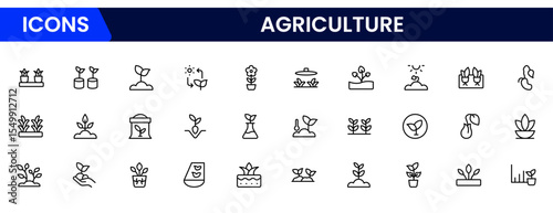 Fertile vector web line icons depicting agriculture, crops, farming tools, livestock, irrigation, and sustainable practices for modern food production.