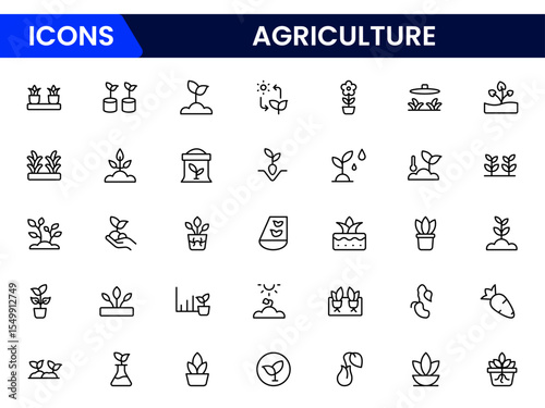 Fertile vector web line icons depicting agriculture, crops, farming tools, livestock, irrigation, and sustainable practices for modern food production.