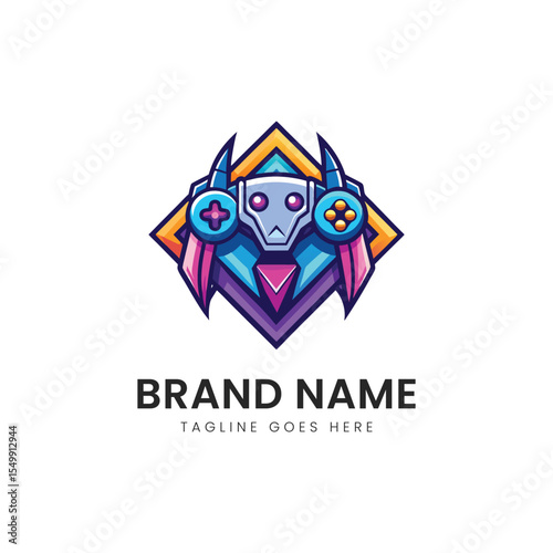 Colorful and vibrant gaming logo featuring a stylized skull with headphones and game controllers, set against a geometric background, perfect for gaming brands.
