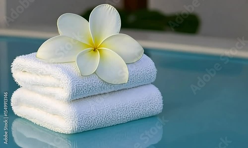White plumeria flower atop stacked white towels by a pool