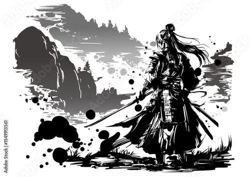 Lone Warrior in the Mountains – Female Samurai in Sumi-e