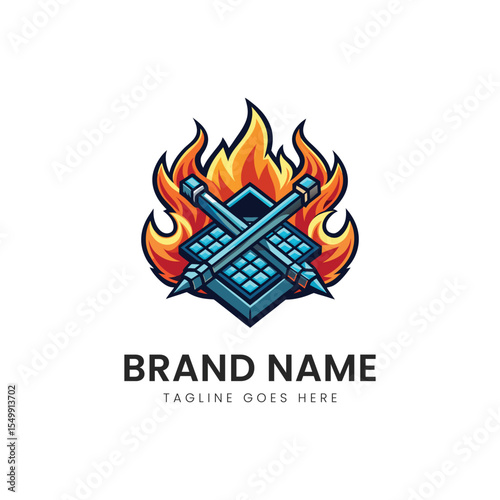 A vibrant logo featuring crossed swords over a stylized shield, surrounded by flames, embodying strength and intensity in an innovative gaming design.