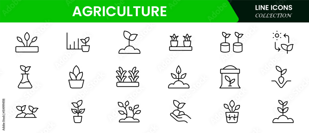 Fototapeta premium Fertile vector web line icons depicting agriculture, crops, farming tools, livestock, irrigation, and sustainable practices for modern food production.