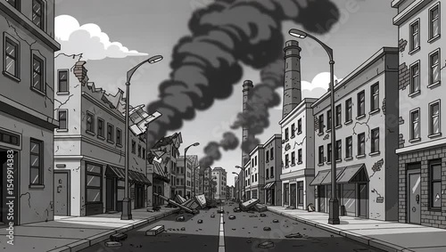 Cartoon depicts a wartorn street with damaged buildings debris and smoke stacks in the background