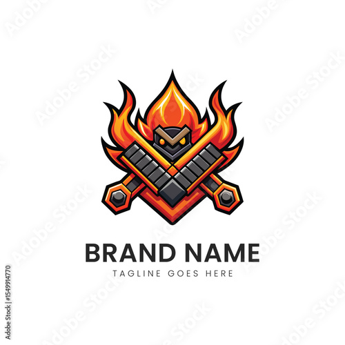 A dynamic emblem featuring crossed wrenches and gears, set against vibrant flames, symbolizing strength and craftsmanship in a bold, graphic style.
