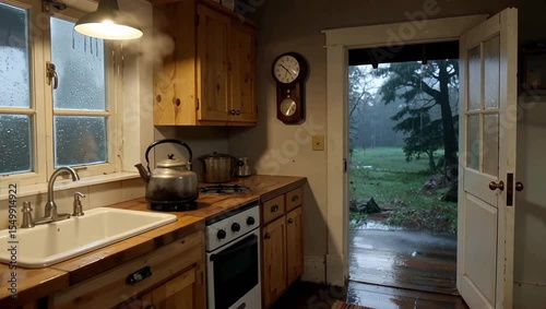 Cozy kitchen scene with rainstreaked windows kettle steaming and an open door to a rainy landscape
