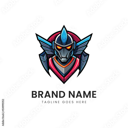 Futuristic robotic mascot with sharp features, vibrant colors, and a bold design, conveying strength and technology in a striking illustration.