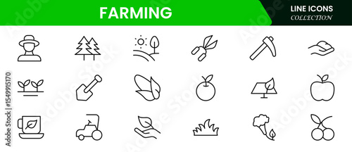 Productive vector web line icons depicting farming, agriculture, crops, livestock, tractors, and sustainable practices for modern farm operations.